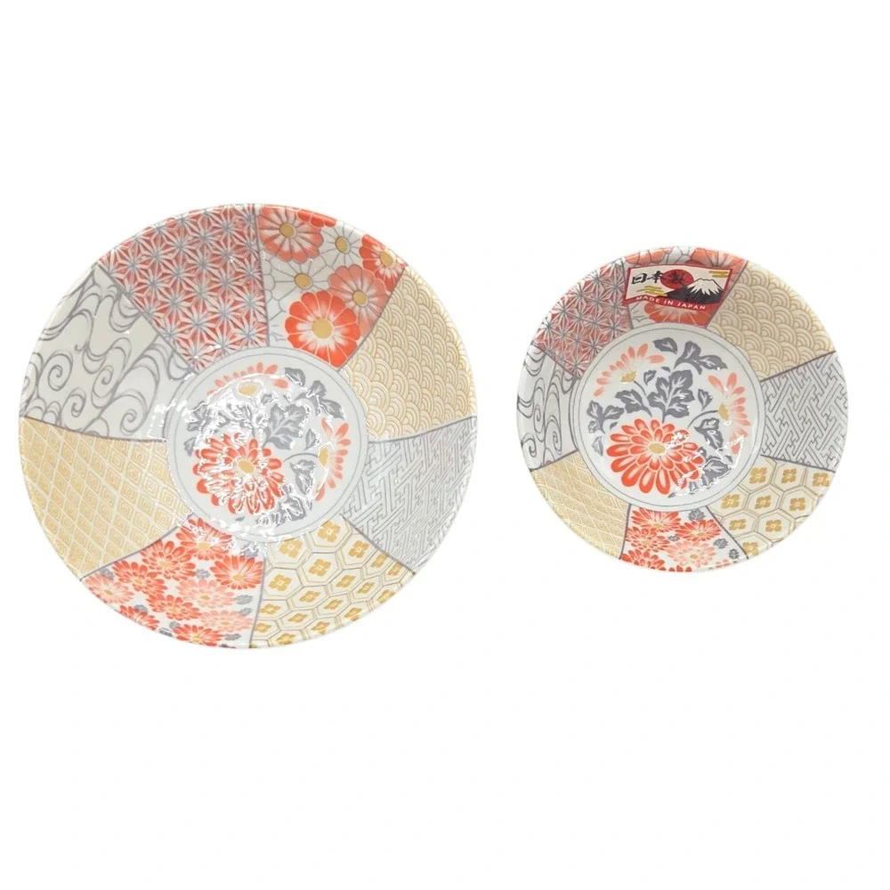 Tono Toki Japanese Ramen Bowl‎ Set Mino Ware Shozui Patchwork Floral Design